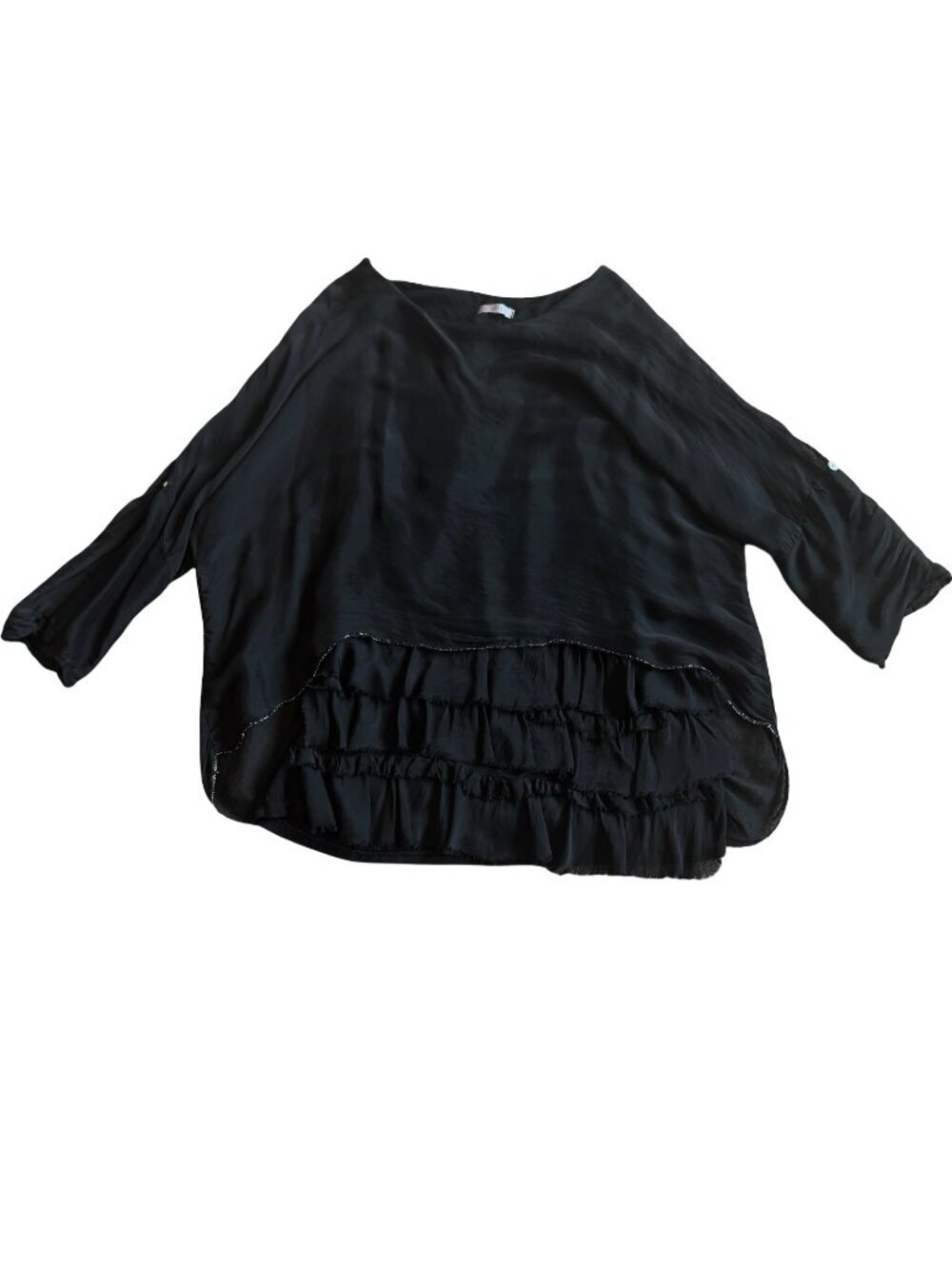 Made In Italy Silk Blend Shirt Top Blouse Black Flowy Beaded Tiered Size Large